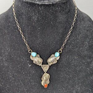 Dorothy Ashley Navajo Sterling Silver Necklace w/ Turquoise & Coral Y Necklace